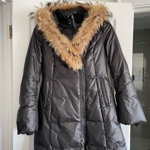 Mackage Black winter coat, fur hood, zip closure, two pockets, leather detail